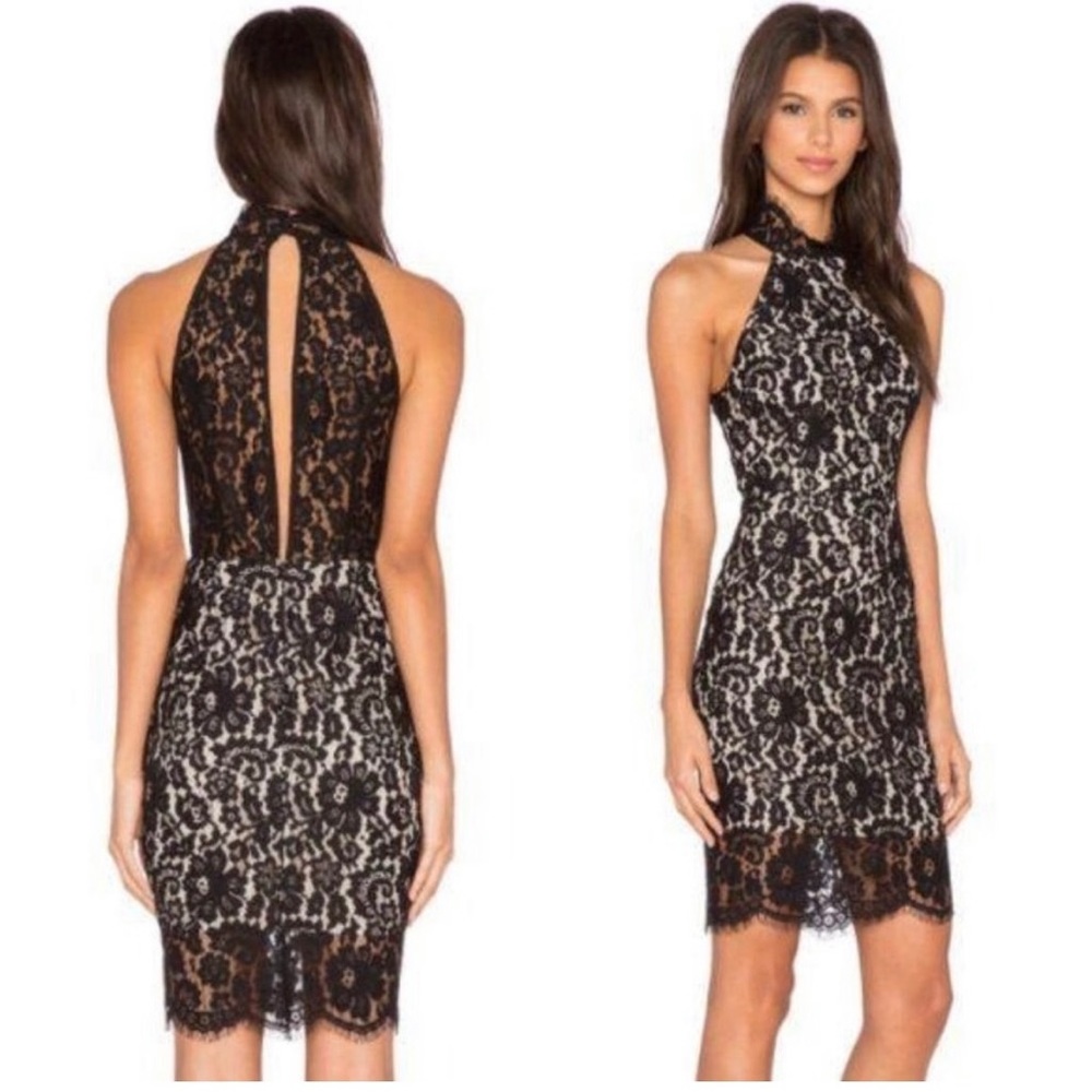 KEEPSAKE Black Lace Dress With Beige Lining Open Zipper Back Size L 39” Length